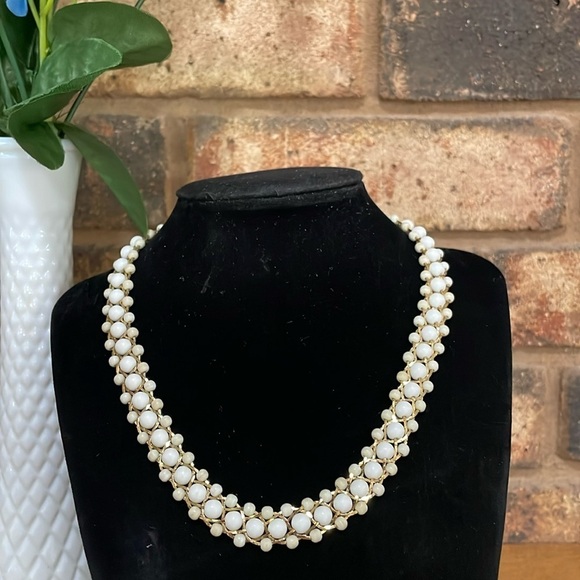 Vintage Jewelry - Korea Vintage 5 strand woven gold tone collar chain with white beads